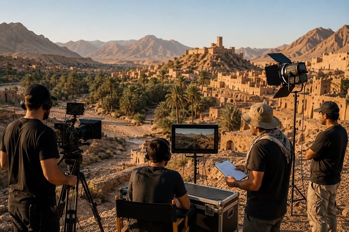 Décors de tournage en Oman le guide des lieux cinématographiques (1) Équipe de tournage dans un décor naturel en Oman
