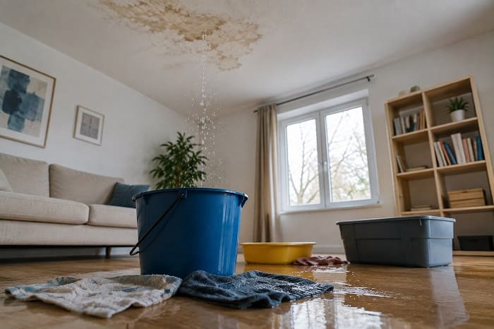 Seaux placés sous une fuite d’eau au plafond après un dégât des eaux