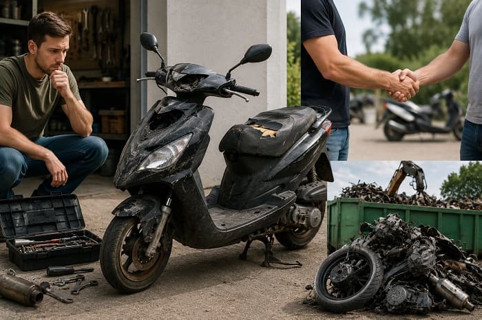 Scooter hors d’usage avec options de réparation, vente ou destruction